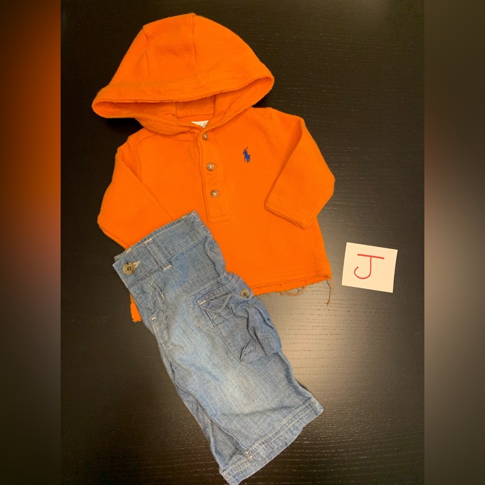 0-3m Polo Orange Hoodie with Blue Denim Jeans